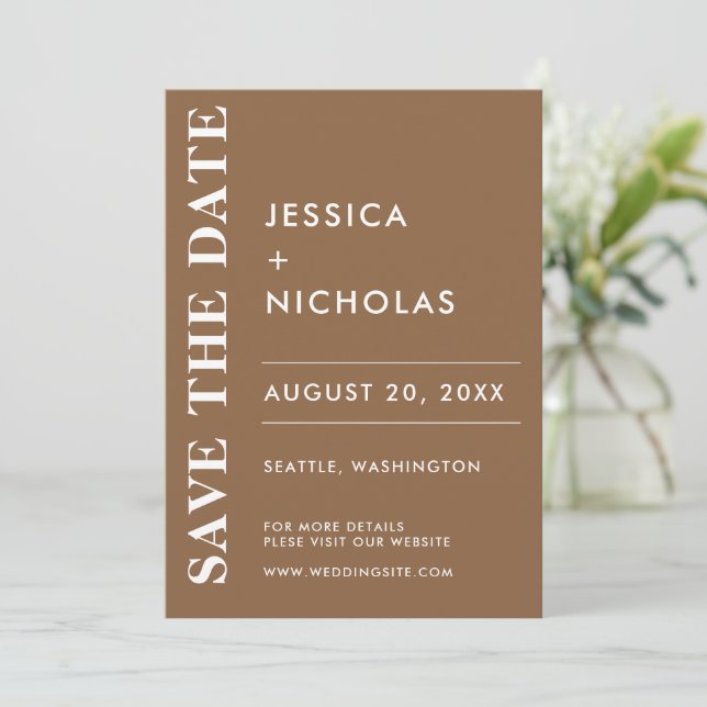 Minimal Modern Dark Taupe Elegant Wedding Save The Date (Standing Front)
