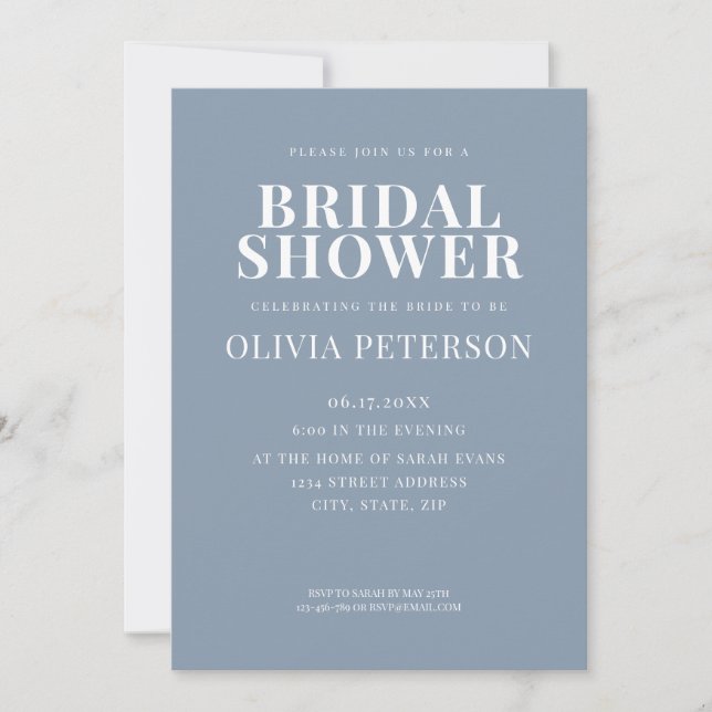 Minimal Modern Dusty Blue Bridal Shower Invitation (Front)