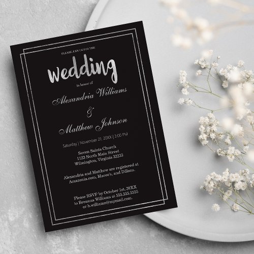 Minimal Modern Elegant Chic Black Silver Wedding Invitation Postcard