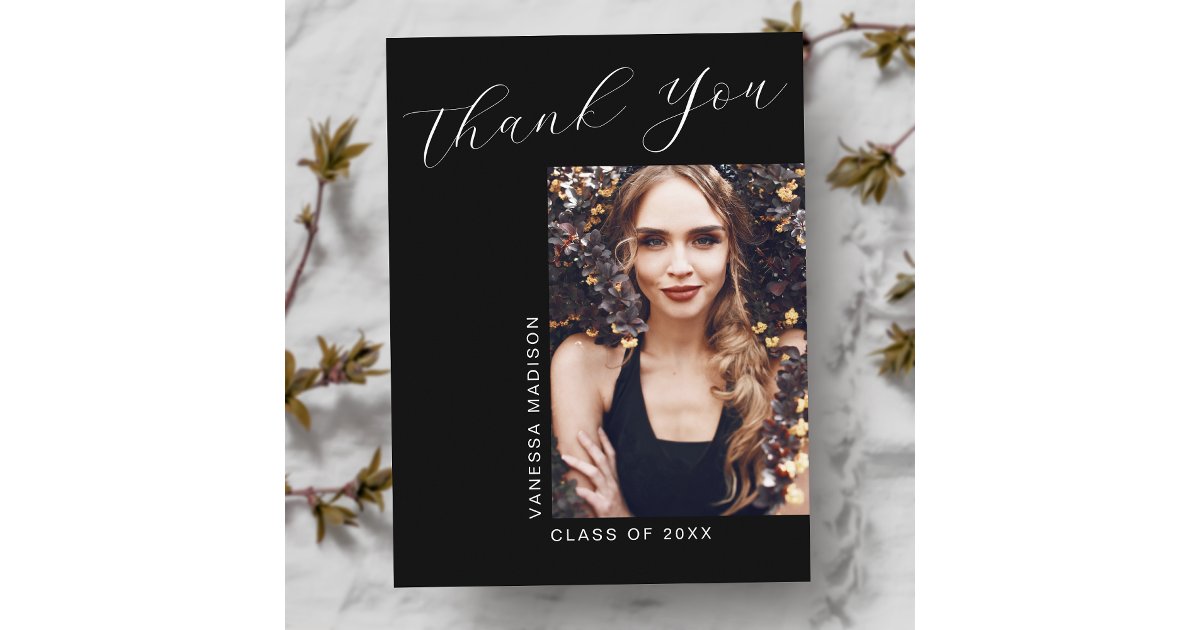 Minimal Modern Elegant Script Photo Grad Thank You Postcard | Zazzle
