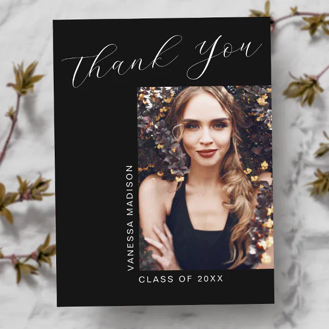 Minimal Modern Elegant Script Photo Grad Thank You Postcard | Zazzle