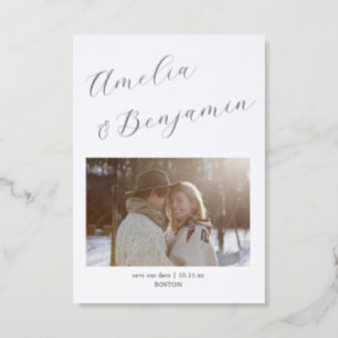 Minimal Modern Elegant Script Save the Date Photo Letterpress Photo Cards