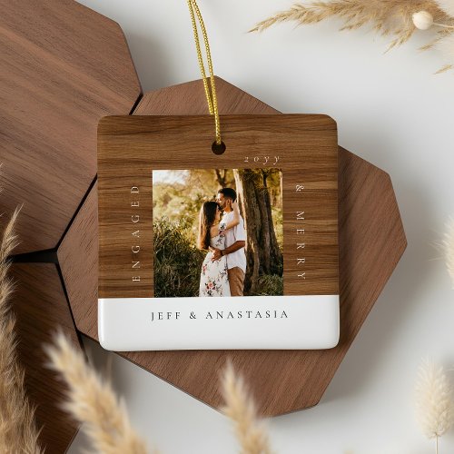 Minimal Modern Engaged &amp; Merry 2 Photo Engagement Ceramic Ornament