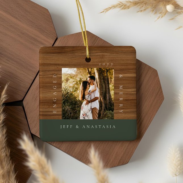 Minimal Modern Engaged & Merry 2 Photo Engagement Ceramic Ornament (Minimal Modern Engaged & Merry 2 Photo Engagement Ceramic Ornament)