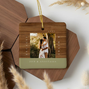 Minimal Modern Engaged & Merry 2 Photo Engagement Ceramic Ornament