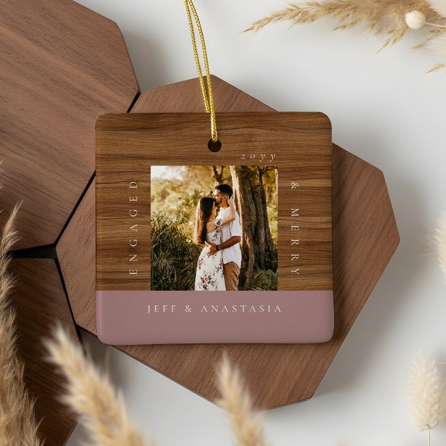 Minimal Modern Engaged & Merry 2 Photo Engagement Ceramic Ornament (Minimal Modern Engaged & Merry 2 Photo Engagement Ceramic Ornament)