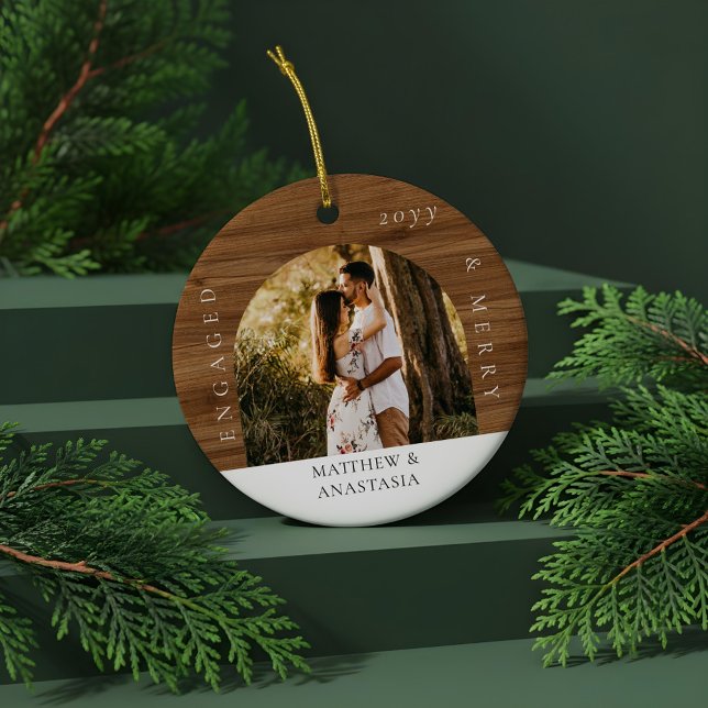 Minimal Modern Engaged & Merry 2 Photo Engagement Ceramic Ornament (Minimal Modern Engaged & Merry 2 Photo Engagement Ceramic Ornament)
