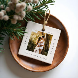 Minimal Modern Engaged &amp; Merry 2 Photo Engagement Ceramic Ornament