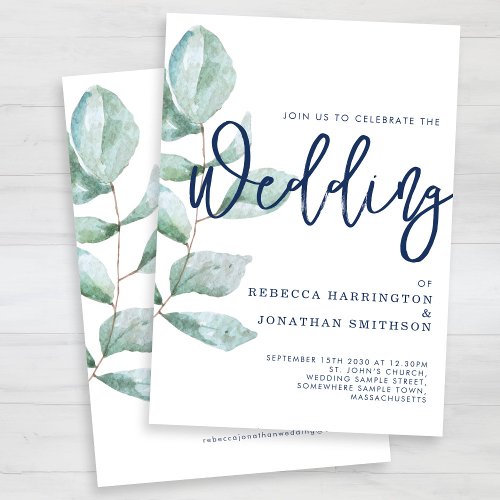 Minimal Modern Eucalyptus Green Navy Blue Wedding Invitation