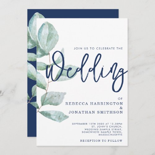 Minimal Modern Eucalyptus Navy Blue Wedding Invitation