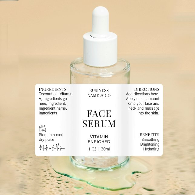 Minimal Modern Face Serum 1 OZ Bottle Waterproof Labels (Modern cosmetic bottle wrapper style waterproof label with fully editable text and colors)