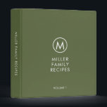 Minimal Modern Family Monogram Recipe 3 Ring Binder<br><div class="desc">Modern recipe binder features a minimalist design in an olive green and white color palette. Personalized family name presented in the center in stylish simple font with a complimentary minimal monogram medallion. Shown with a custom name and monogram initial on the front in modern typography, this personalized family recipe binder...</div>
