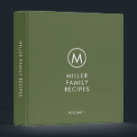 Minimal Modern Family Monogram Recipe 3 Ring Binder<br><div class="desc">Modern recipe binder features a minimalist design in an olive green and white color palette. Personalized family name presented in the center in stylish simple font with a complimentary minimal monogram medallion. Shown with a custom name and monogram initial on the front in modern typography, this personalized family recipe binder...</div>