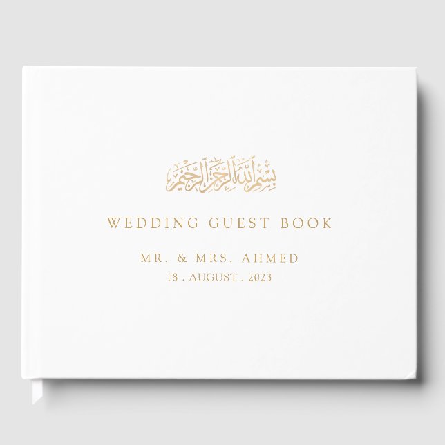 Minimal Modern Formal Gold Script Muslim Wedding Guest Book (Front)