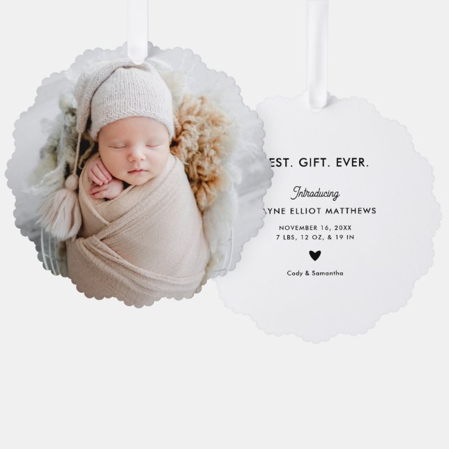Minimal Modern Full Photo First Christmas Ornament Card (Front/Back)