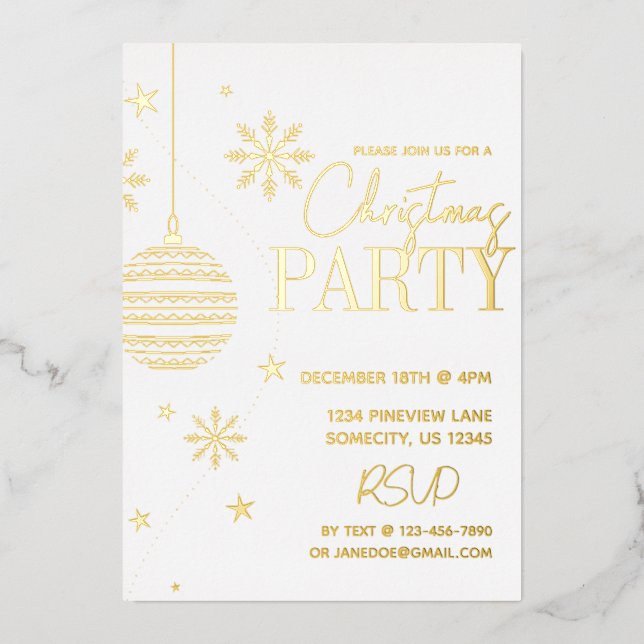 Minimal Modern Gold and White Christmas Party  Foil Holiday Card (Front)