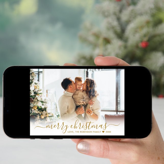 Minimal Modern Gold Script 2 Photo Merry Christmas Holiday Card (Front Digital)