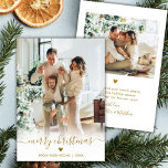 Minimal Modern Gold Script 2 Photo Merry Christmas Holiday Card<br><div class="desc">Minimalist Elegant Gold Script 2 Photo Merry Christmas Script Holiday Card. This festive, modern simple, two (2) photo holiday greeting card template featuring „Merry Christmas” text in a whimsical hand lettered whimsical swirly swash-tail font calligraphy script gold color photo overlay. On the back side with your greeting message template with...</div>