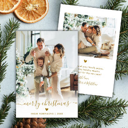Minimal Modern Gold Script 2 Photo Merry Christmas Holiday Card