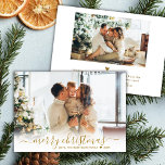 Minimal Modern Gold Script 2 Photo Merry Christmas Holiday Card<br><div class="desc">Minimalist Elegant Modern Gold Script 2 Photo Merry Christmas Script Holiday Card. This festive, minimalist simple, whimsical two (2) photo holiday greeting card template features „Merry Christmas” greeting text in a hand lettered whimsical swirly swash-tail font calligraphy script gold color photo overlay. On the back side with your greeting message...</div>