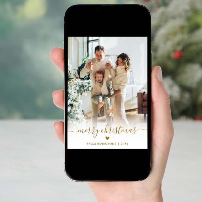 Minimal Modern Gold Script 2 Photo Merry Christmas Holiday Card (Front Digital)