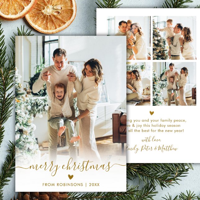 Minimal Modern Gold Script 5 Photo Merry Christmas Holiday Card (Creator Uploaded)