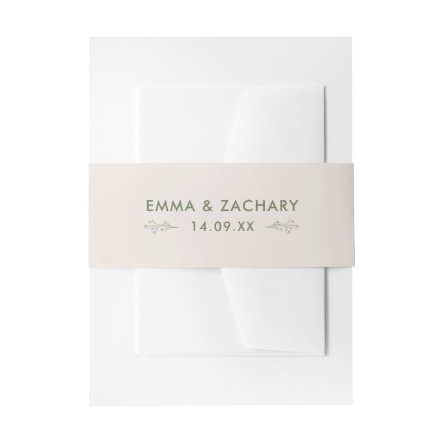 Minimal Modern Gray & Olive Green Wedding Invitation Belly Band (Front Example)