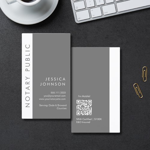 Minimal Modern Gray White Mobile Notary Public QR  Business Card