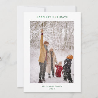 Minimal Modern Green White Happiest Holidays Photo Holiday Card