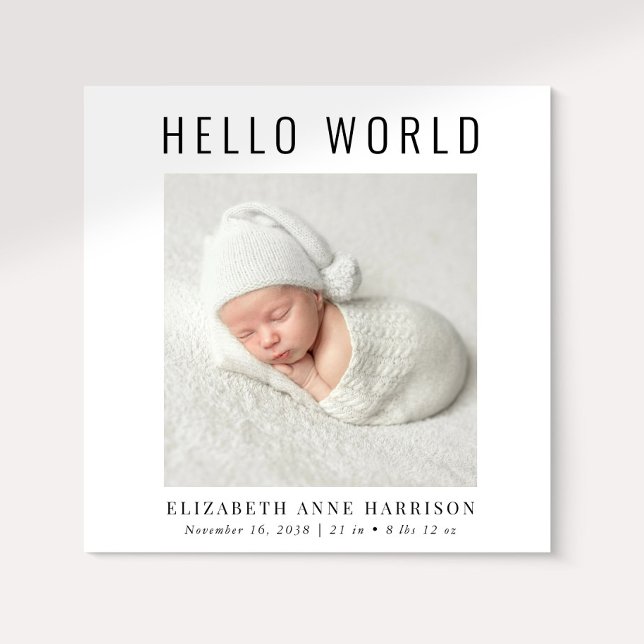 Minimal Modern Hello World Photo Birth Announcement (Announce the arrival of your precious baby in a way that is as beautiful and unique as they are)