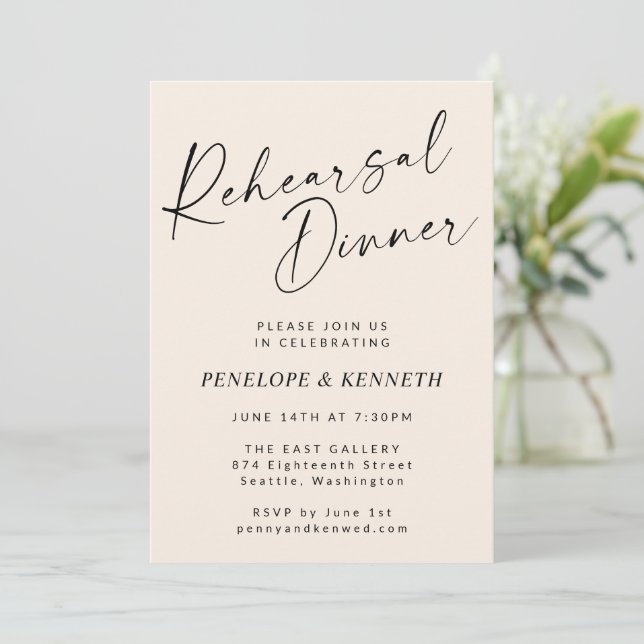 Minimal Modern Ivory Cream Script Rehearsal Dinner Invitation (Standing Front)