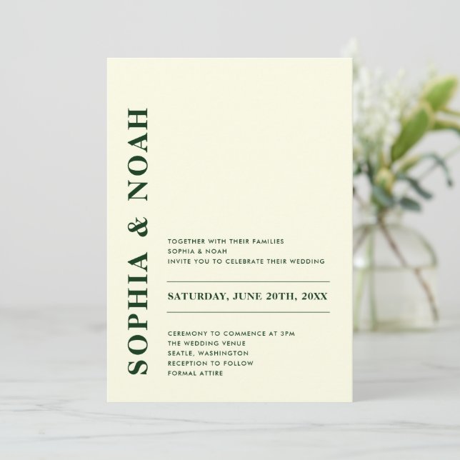 Minimal Modern Ivory & Green Elegant Wedding Invitation (Standing Front)