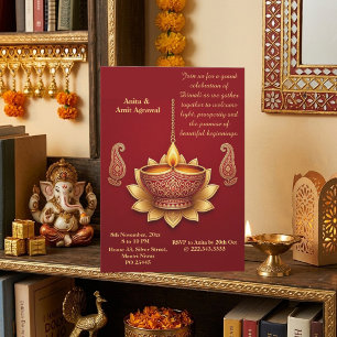 Minimal Modern Japandi Crimson Diwali Jewel Tones Invitation