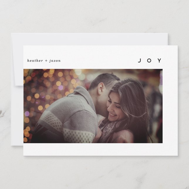 Minimal Modern Joy White Black Photo Holiday Card (Front)