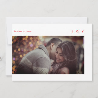 Minimal Modern Joy White Red Photo Holiday Card