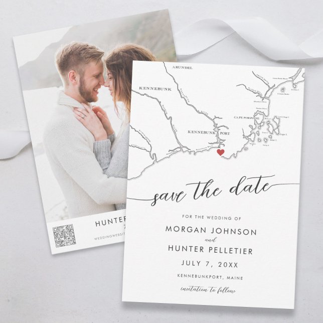 Minimal Modern Kennebunkport Maine Map Save The Date (Kennebunkport maine wedding save the date minimal, modern, black and white from Coastal Map Design)