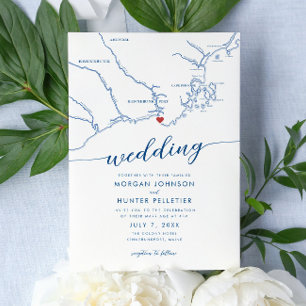 Minimal Modern Kennebunkport Maine Map Wedding Invitation