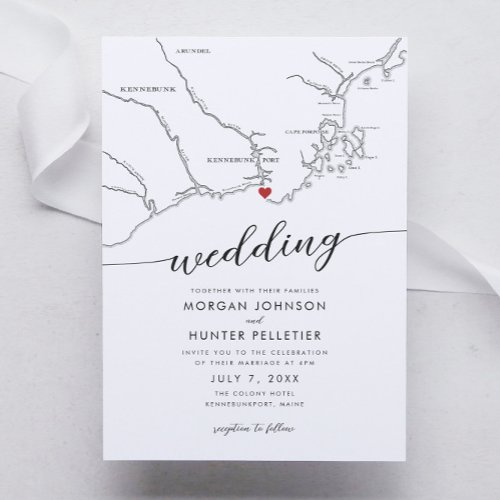 Minimal Modern Kennebunkport Maine Map Wedding Invitation