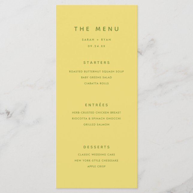 Minimal Modern Lemon Yellow Personalized Wedding Menu (Front)