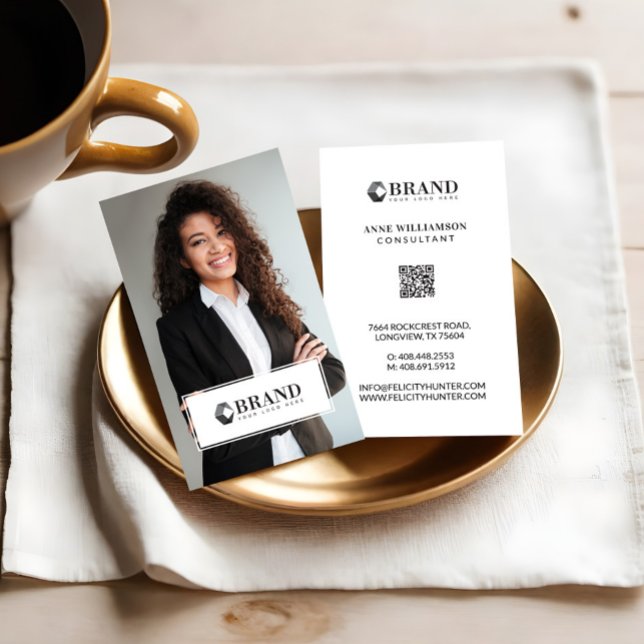 Minimal Modern Luxury Business Photo Logo QR Code Card (Minimal Modern Business Photo Custom Logo QR Code Business Card)