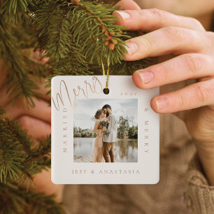 Minimal Modern Married & Merry Gold Script 2 Photo Ceramic Ornament
