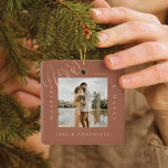 Minimal Modern Married & Merry Gold Script 2 Photo Ceramic Ornament<br><div class="desc">Minimal and modern simple photo keepsake photo ornament to commemorate your first Christmas married. The design features a simple minimal design with a square photo design to display your special wedding photo. "Married & Merry", year and couple's name displayed in a simple modern design around the photo. Two photo ornament...</div>