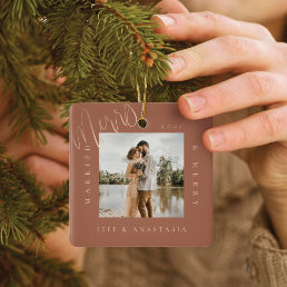 Minimal Modern Married &amp; Merry Gold Script 2 Photo Ceramic Ornament