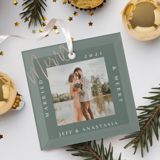 Minimal Modern Married & Merry Gold Script Photo Glass Ornament (Minimal Modern Married & Merry Gold Script Photo Glass Ornament)