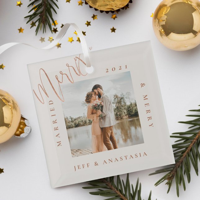 Minimal Modern Married & Merry Gold Script Photo Glass Ornament (Minimal Modern Married & Merry Gold Script Photo Glass Ornament)