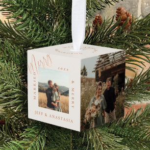 Minimal Modern Married & Merry Gold Script Photos Cube Ornament