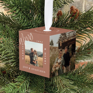 Minimal Modern Married & Merry Gold Script Photos Cube Ornament