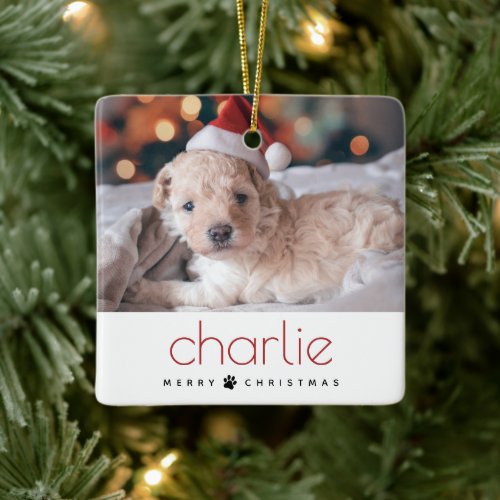 Minimal Modern Merry Christmas Pet Dog Photo Ceramic Ornament