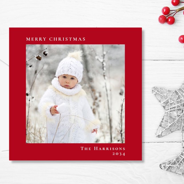 Minimal Modern Merry Christmas Photo Red Holiday Card (Share the love and warmth of the season with your personalized photo Christmas card)