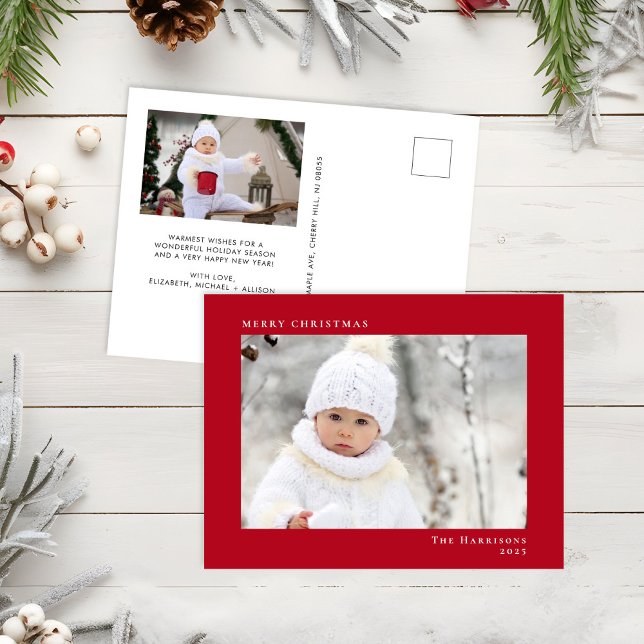 Minimal Modern Merry Christmas Red Photo Holiday Postcard (Creator Uploaded)